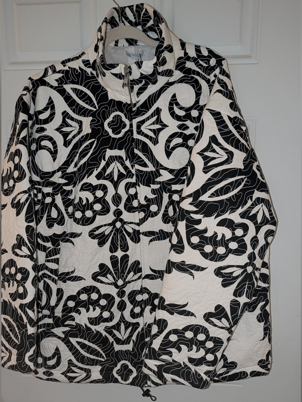 Zara Black and White Quilted Jacket with Floral Motif